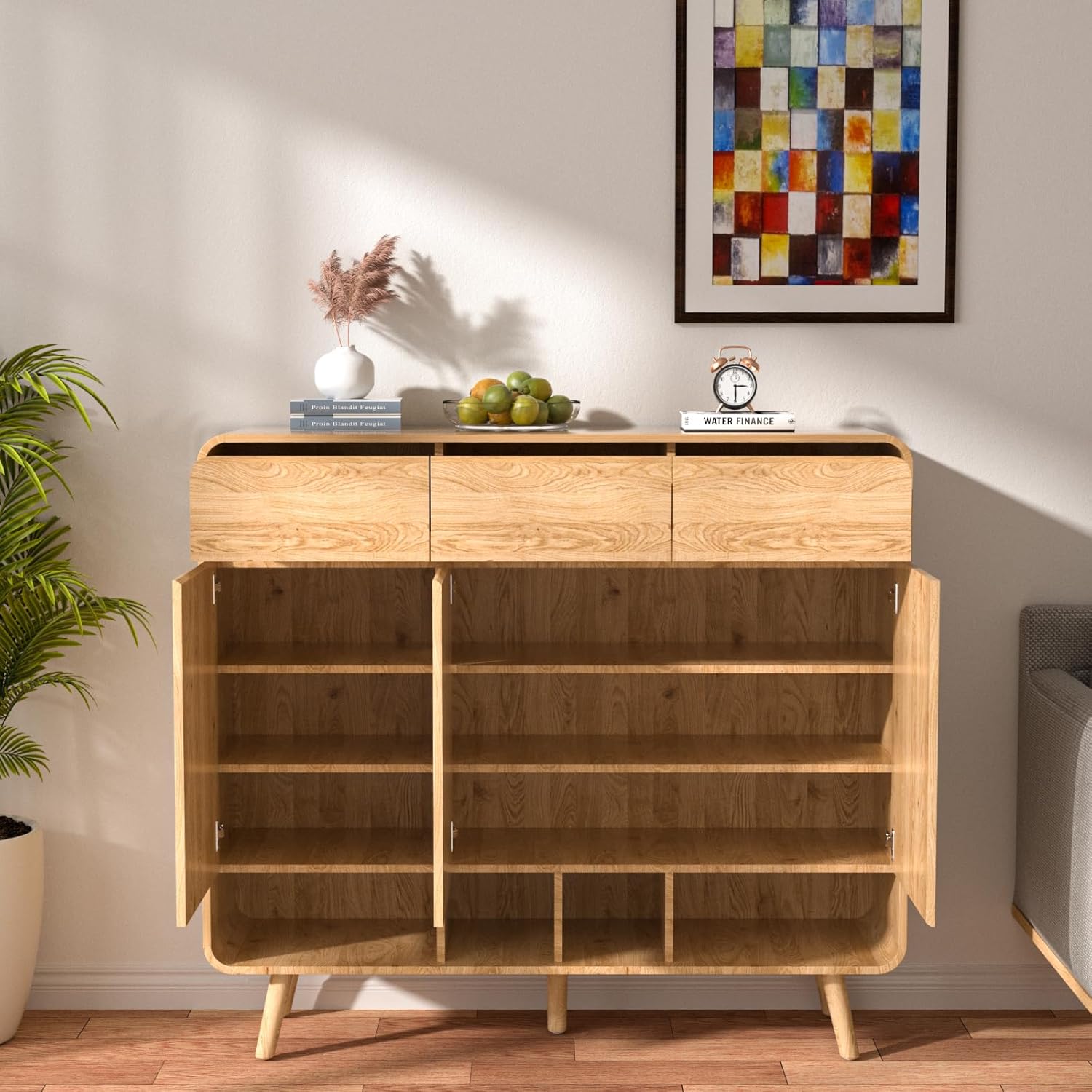 Shoe Cabinet with 3 Drawers and 4 Shelves, Entryway Storage for Shoes, Space-Saving Cabinet for Hallway, Living Room, Natural Oak Finish