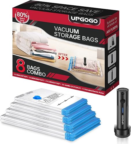 Miniatura 11 de Bolsas de almacenamiento al vacío UPGOGO con bomba eléctrica portátil, bolsas de sellado al vacío para ropa, bolsas de ahorro de espacio, bolsas de