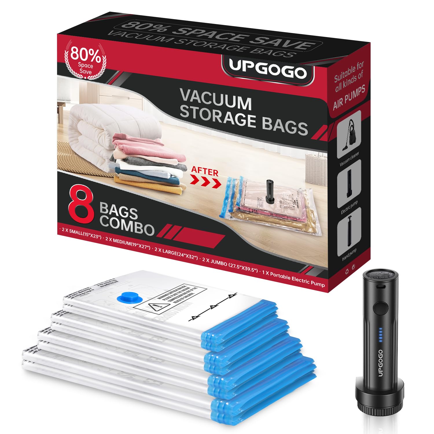 UPGOGO Vakuum-Aufbewahrungsbeutel mit tragbarer elektrischer Pumpe, Vakuumbeutel für Kleidung, platzsparende Beutel, Vakuum-Reisebeutel für Gepäck (Kombi, 8 Stück)