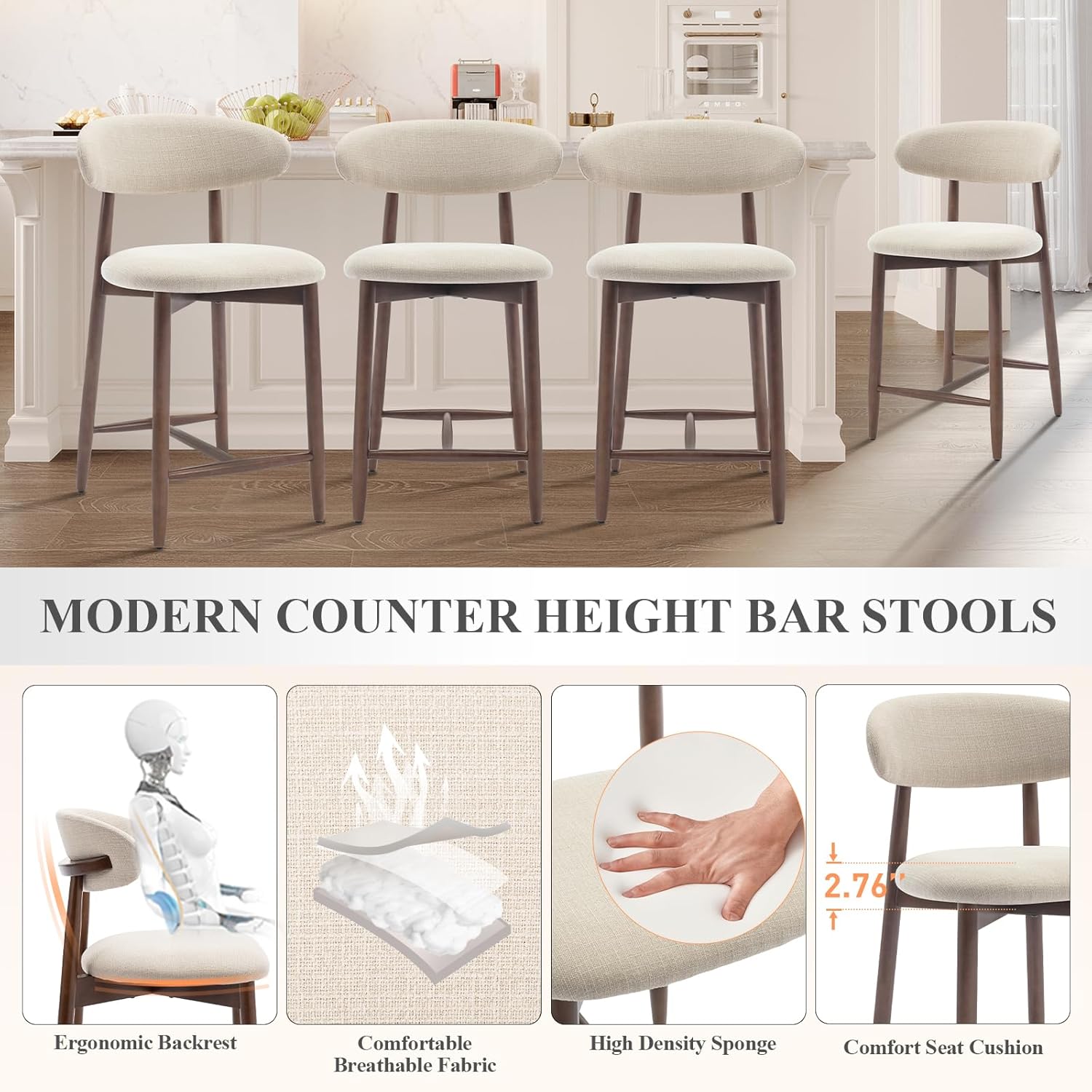 COLAMY Counter Height Bar Stools Set of 2, Kitchen Bar Stools with Back, Mid Century Modern Upholstered, with Wood Legs for Kitchen Island Dining Room, Beige