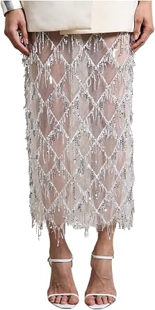 Womens Sequin Maxi Skirts Sheer Fringe Glitter Tassel Sparkly Party Club Elegant Cover up Pencil Long Skirt