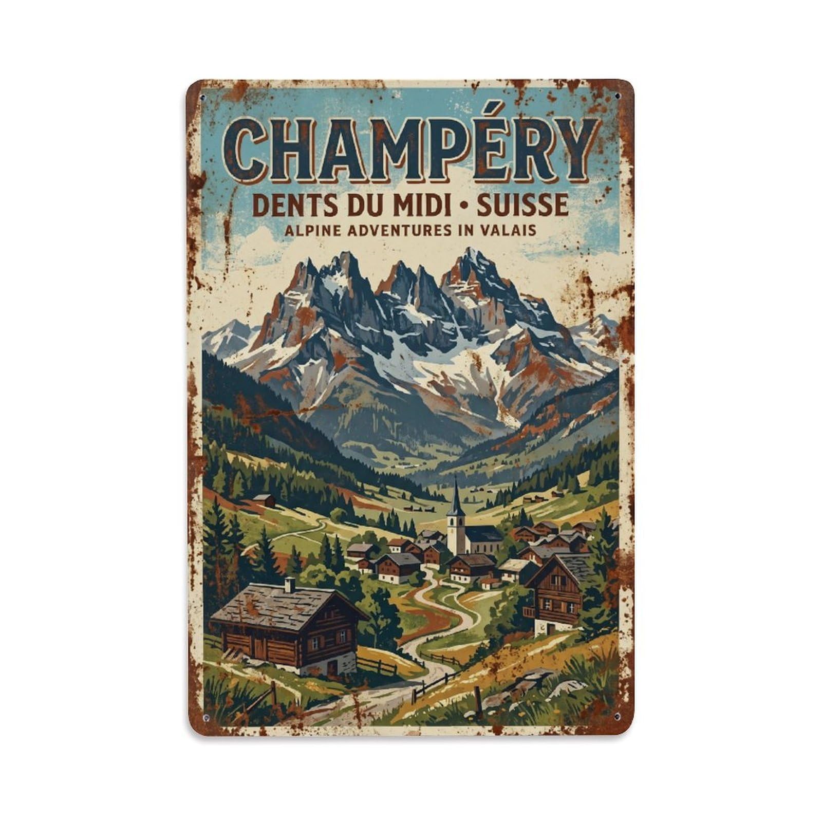 Vintage Travel Champery Switzerland Metal Tin Sign