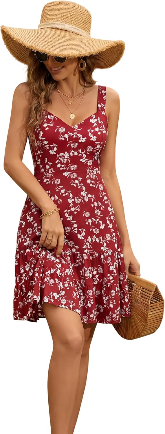 HUHOT Summer Dresses for Women 2026 Spring Sundress Sweetheart Neckline Cute Floral Casual Midi Sleeveless Dress