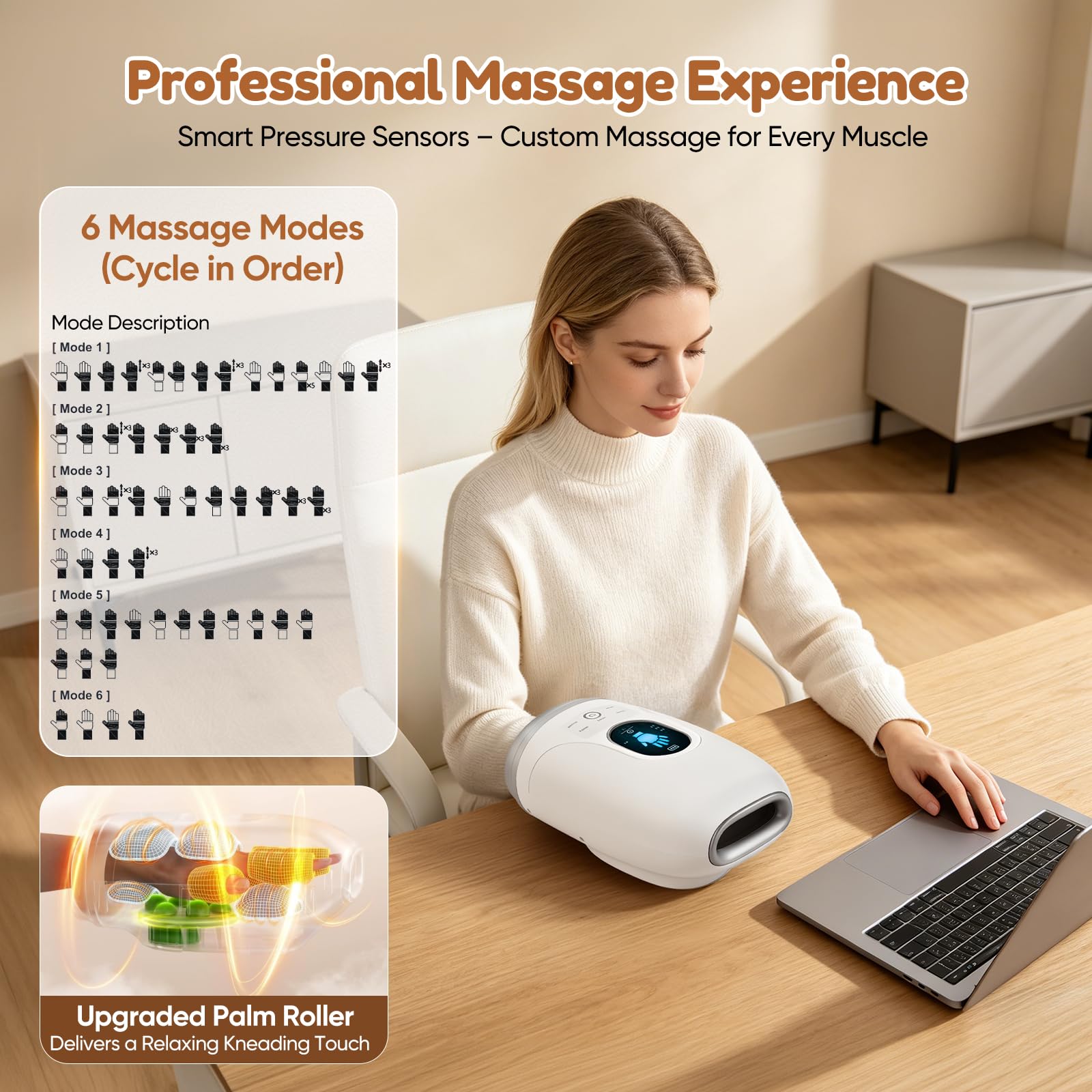 Handmassagegerät mit Wärme & Luftdruck, Elektrisches Handmassagegerät für Arthritis & Karpaltunnelsyndrom, Graphen-Heizung, 6 Modi, 4000mAh Akku, Leiser Massageapparat für Büro, Gaming und Senioren