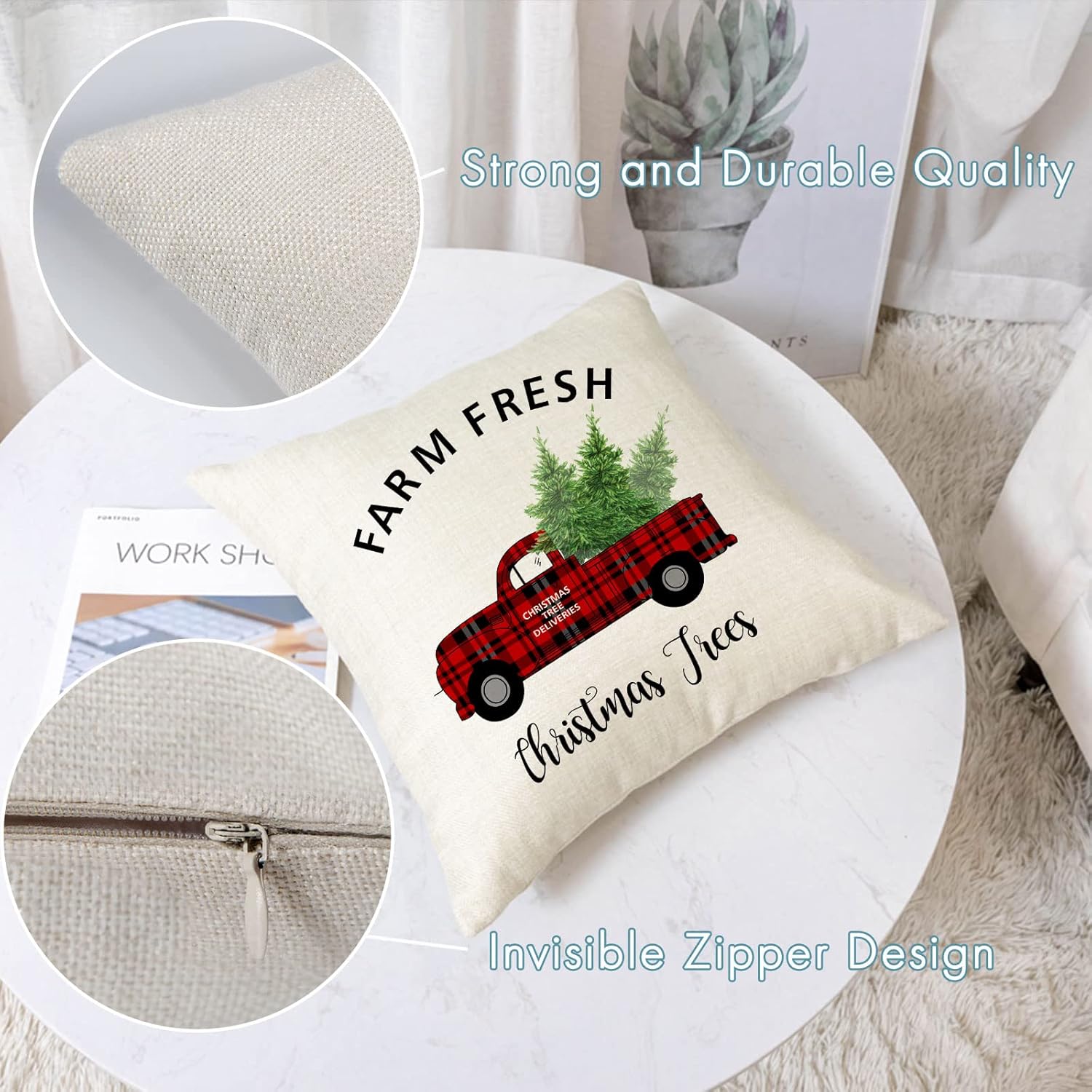 Set Of 4 Christmas Decorative Throw Pillow Covers Christmas Holiday Xmas Square Linen Cushion Covers Merry Christmas Trees Red Truck Snowflakes Deer Outdoor Couch Sofa Home Pillow Cases 24x24 Inch