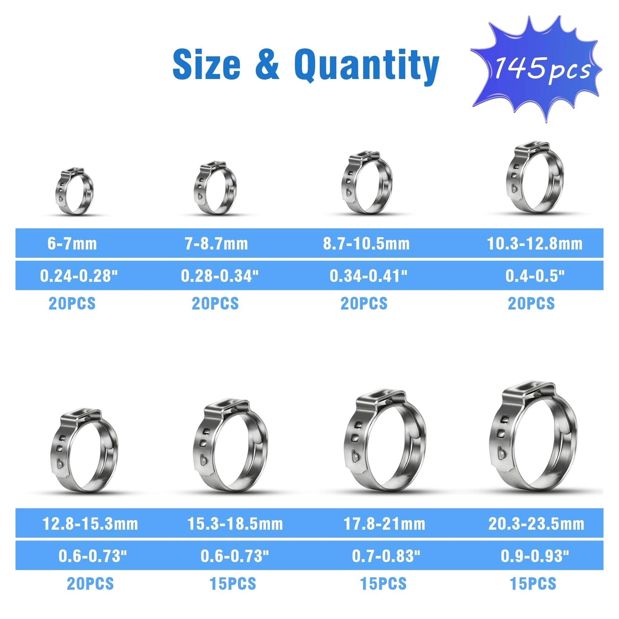 Kit surtido de 145 abrazaderas de manguera de una sola oreja sin escalonamiento de 6-23,5 mm, de acero inoxidable 304, + 1 alicate for abrazadera de manguera.(145PCS with plier)