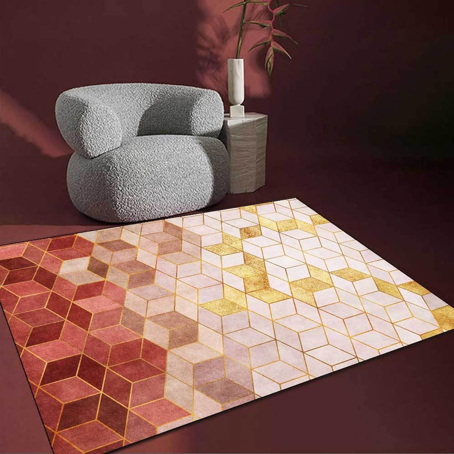 Tapis de chambre gris à carré géométrique doré grand salon 160x230