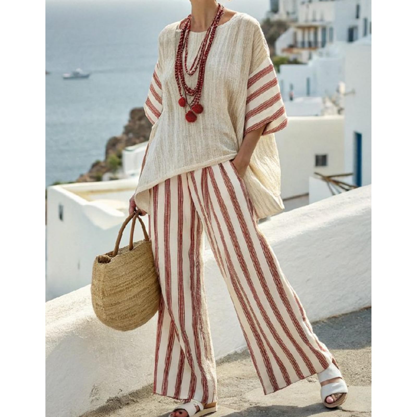 Generisch Set di 2 pezzi da donna in lino con strisce oversize, con camicia e pantaloni a mezza manica larga