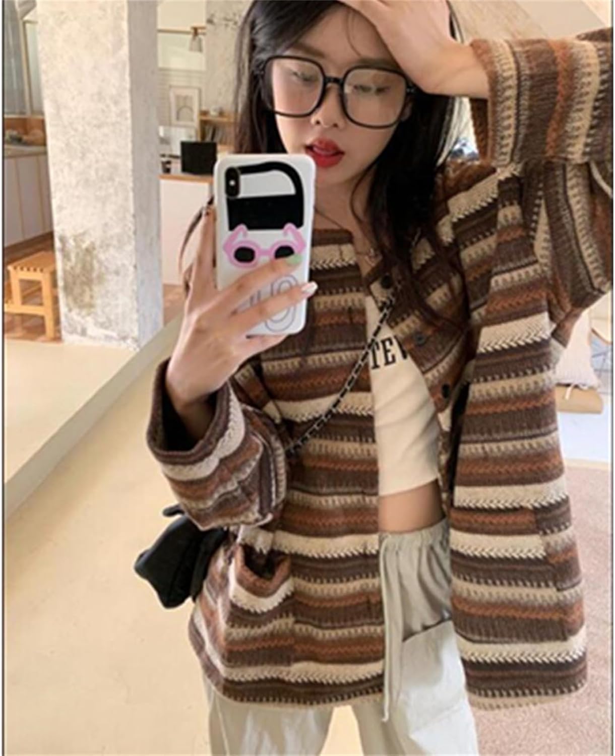 Women's Stripe Cardigan Sweaters Crewneck Long Sleeve Loose Casual Knitted Cardigans - Image 4