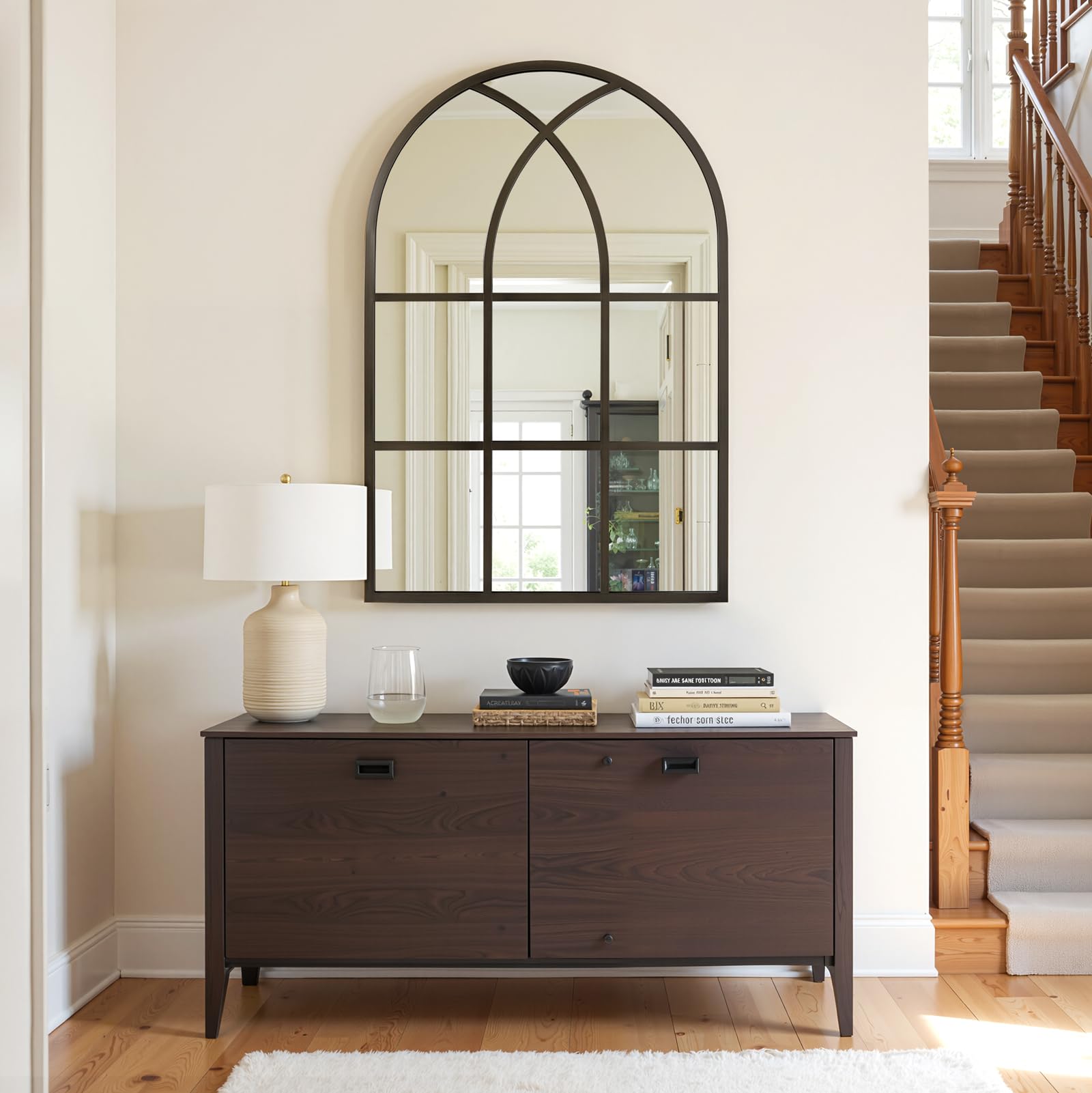 LunaMirror 60x90 cm Arched Window Mirror Black Rustic Windowpane Wall Mirror for Indoor Living Room Hallway Entrance Outdoor Garden Decor