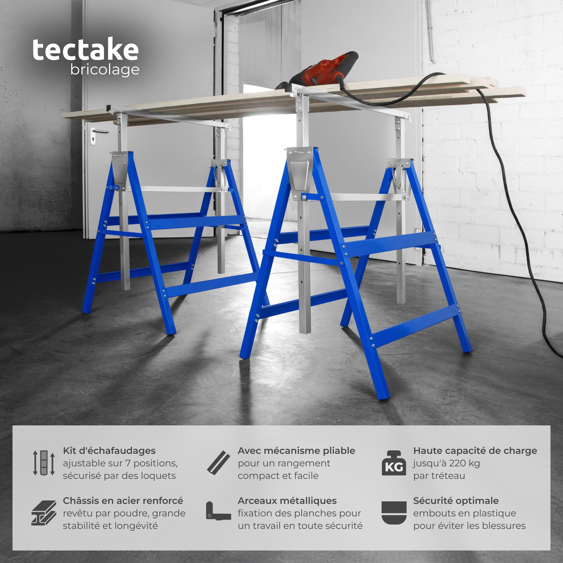 tectake® 2 Tréteaux télescopiques pliables, Treteaux 68,5 x 56,5 x 79,5 cm, Treteaux reglables en acier, 7 réglages en hauteur, Charge max. 220 kg par Tréteau, Etabli pliant, Chevalet de sciage, Bleu