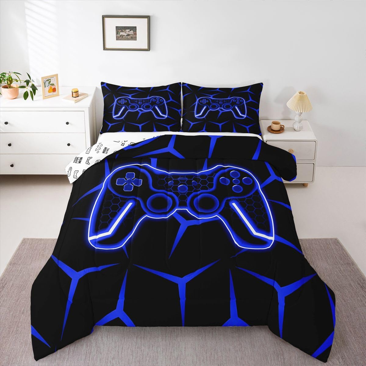 Feelyou Gamer Bedding Set Twin Size Gaming Duvet Quilt for Kids Teens Adults Game Controller Comforter Set Geometric Gamepad Blue Room Decor 2Pcs with 1 Pillow Case