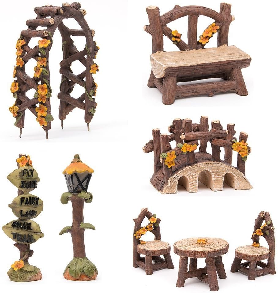 SecretRain 8pcs Resin Fairy Garden Furniture Set, Chairs,Table,Arbor,Bench,Bridge,Streetliht and Sign, Hand Painted Ornaments for Home & Outdoor