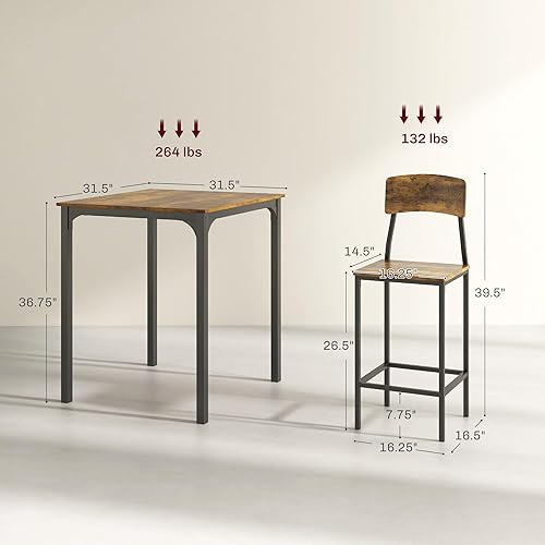 Miniatura 7 de 3 Counter Height Bar Table and Chairs Set, Small Dining Table Set for 2, Square Kitchen Table and Stools with Steel Frame, Rustic Brown and Black