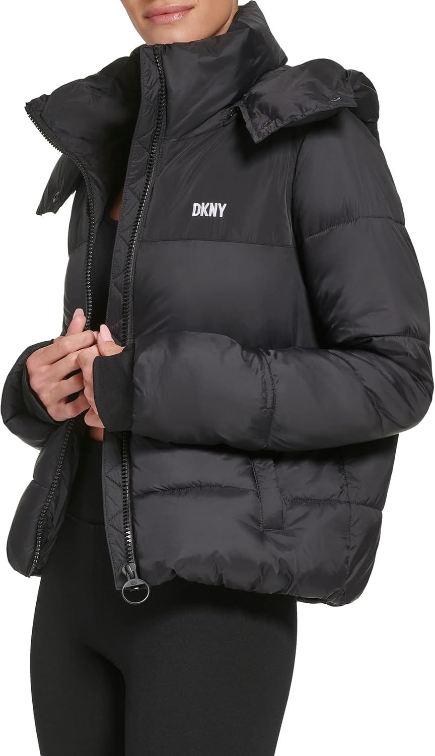DKNY womens Sport Sport Colorblock Logo Puffer W/Removeable Hood - Image 3