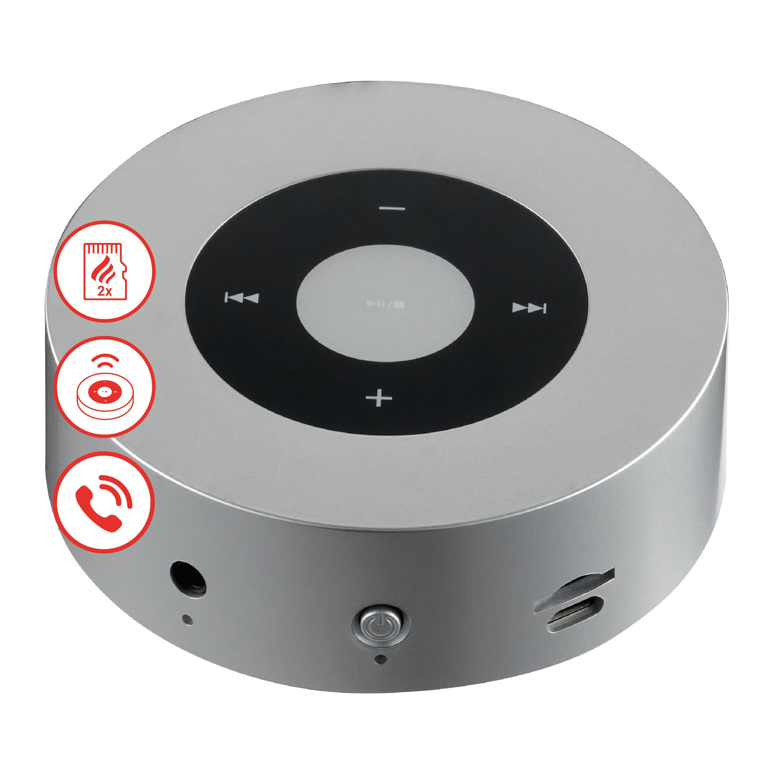 KAMINIO Głośnik z efektem trzaskania MORITZ - Mocny głośnik z dźwiękami ognia kominkowego, Bluetooth, AUX, mikrofonem, akumulatorem - Srebrny