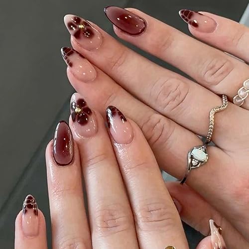 CUAIZM Brown Press on Nails Short Almond-Soft Gel Black Gold