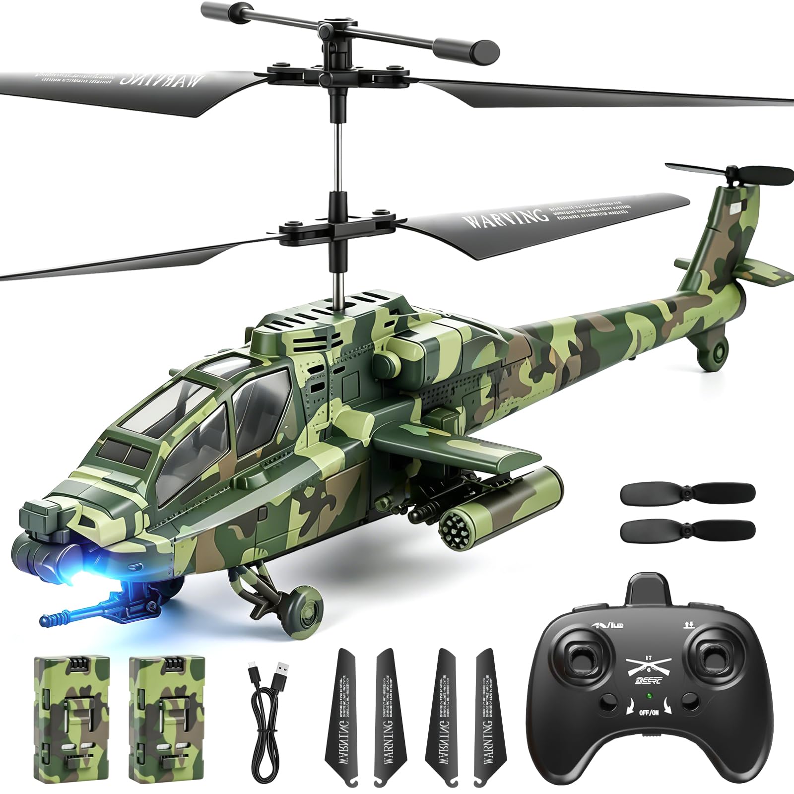 Ulikey Helicoptero Teledirigido, RC Helicóptero Militar Control Remoto 2.4 GHz, con Luz y 2 Baterías, Retención Altitud, Despegue con Una Sola Tecla, Juguete para Niños de 8 a 12 años (Verde)