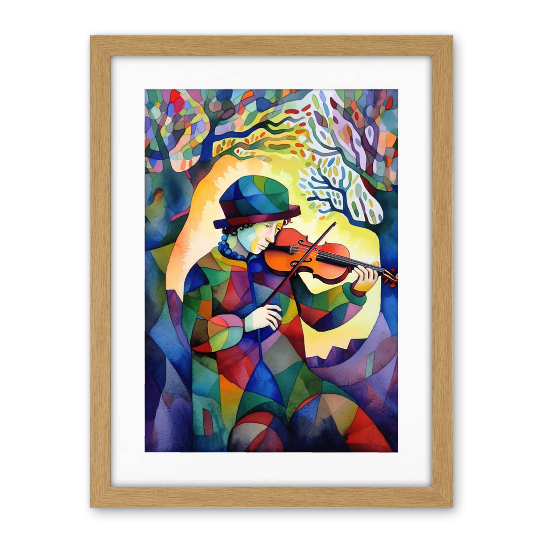 Artery8 Fiddle Player In Forest Folk Art Watercolour Painting Artwork Framed Wall Art Print 18X24 Inch