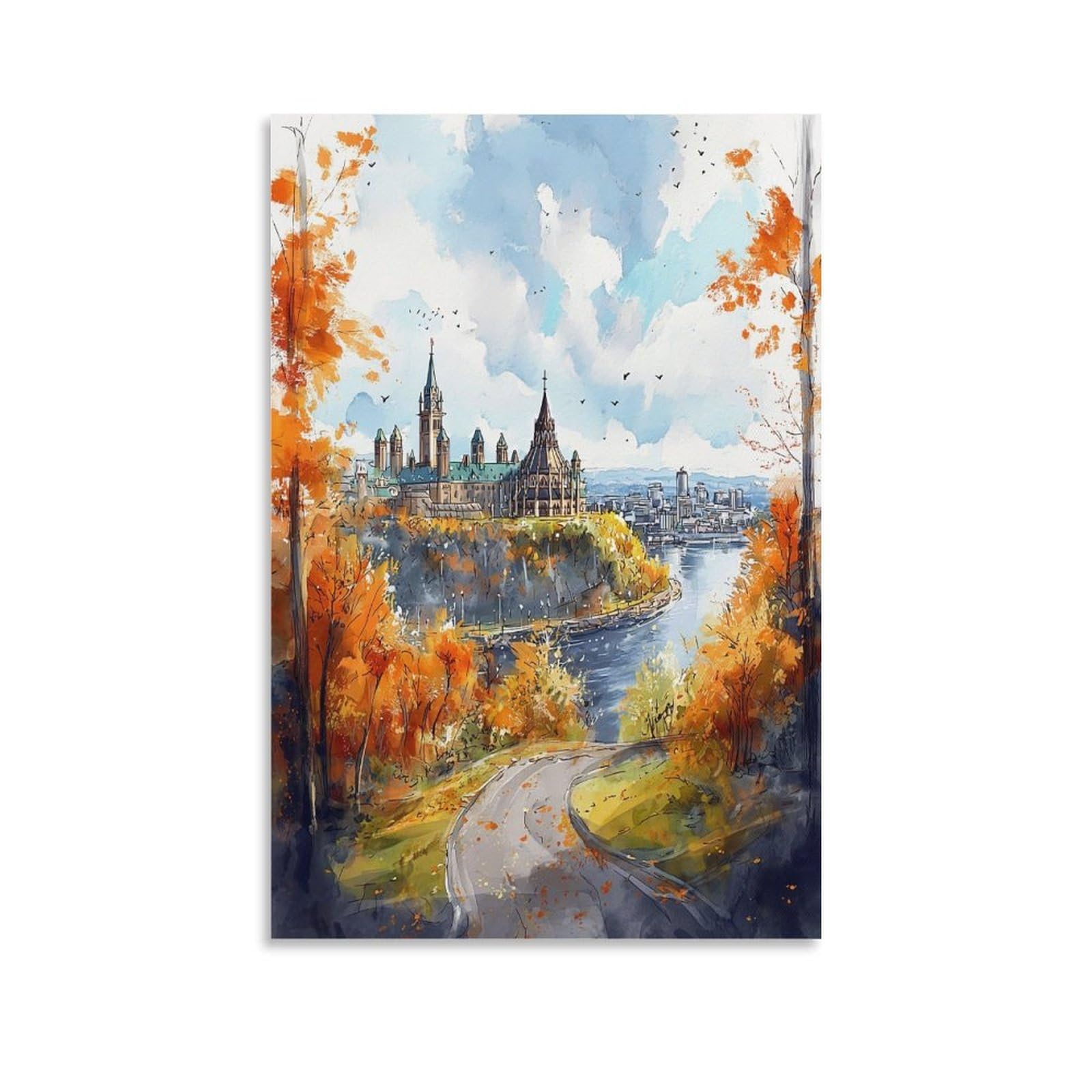 XWYMXZ Ottawa Autumn Canada 24x36inch(60x90cm) Vintage Travel Poster Watercolor Canvas Art