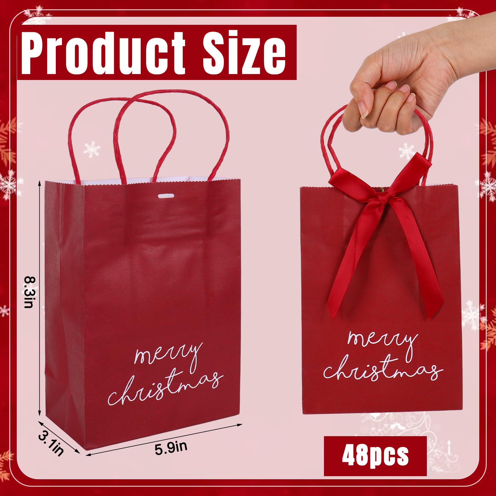 JarThenaAMCS 48 x Frohe Weihnachten Kraftpapiertüten mit Schleife, grün und rot, Leckerlibeutel mit Griffen, Süßigkeitenbeutel für den Winter, Weihnachten, Partyzubehör