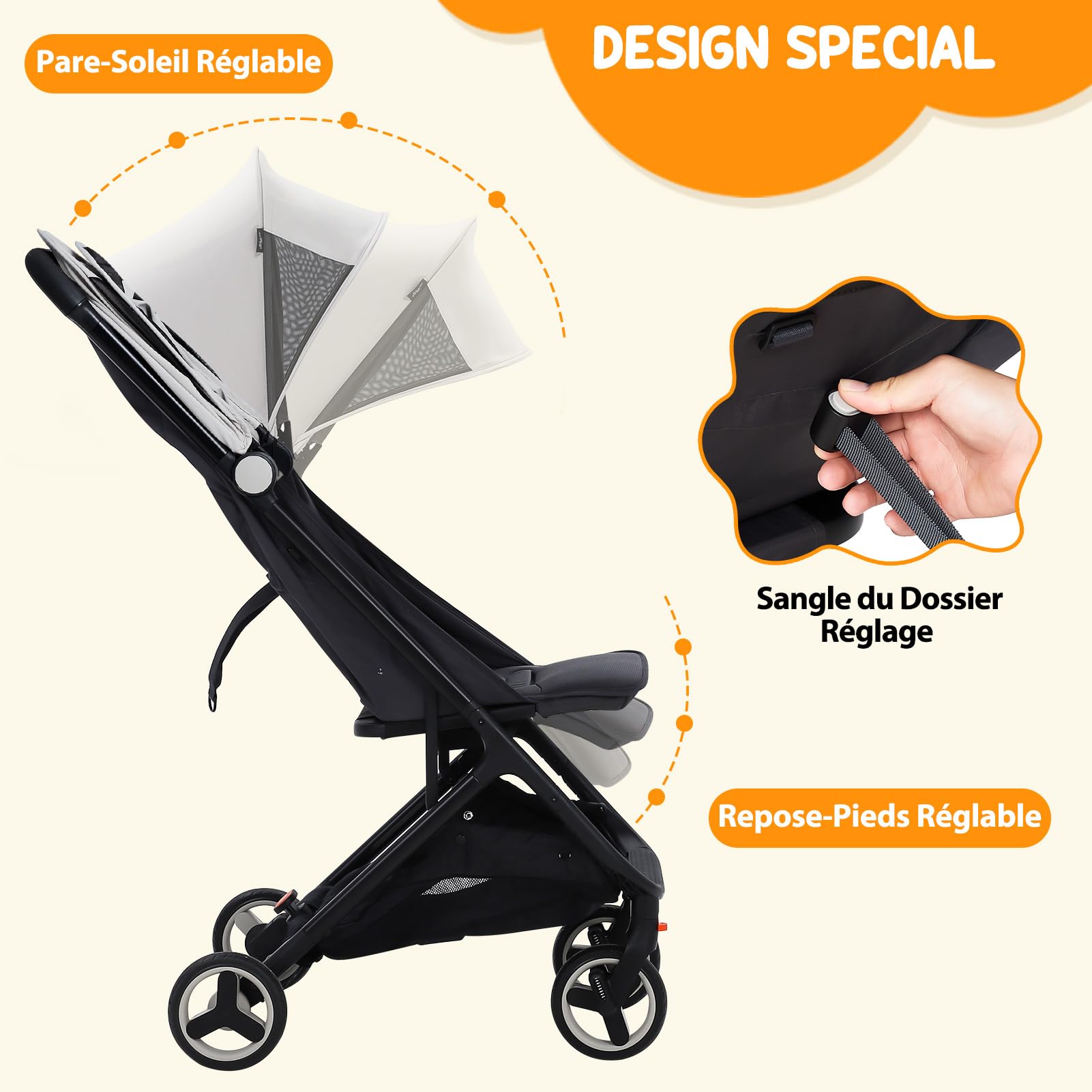 Poussette Bébé Ultra Compacte Format Sac à Dos pour Voyage Avion, Pliable Une Main Dossier Inclinable 95° à 150° Harnais 5 Points Roues Résistantes, Poussette Légère pour Vacances