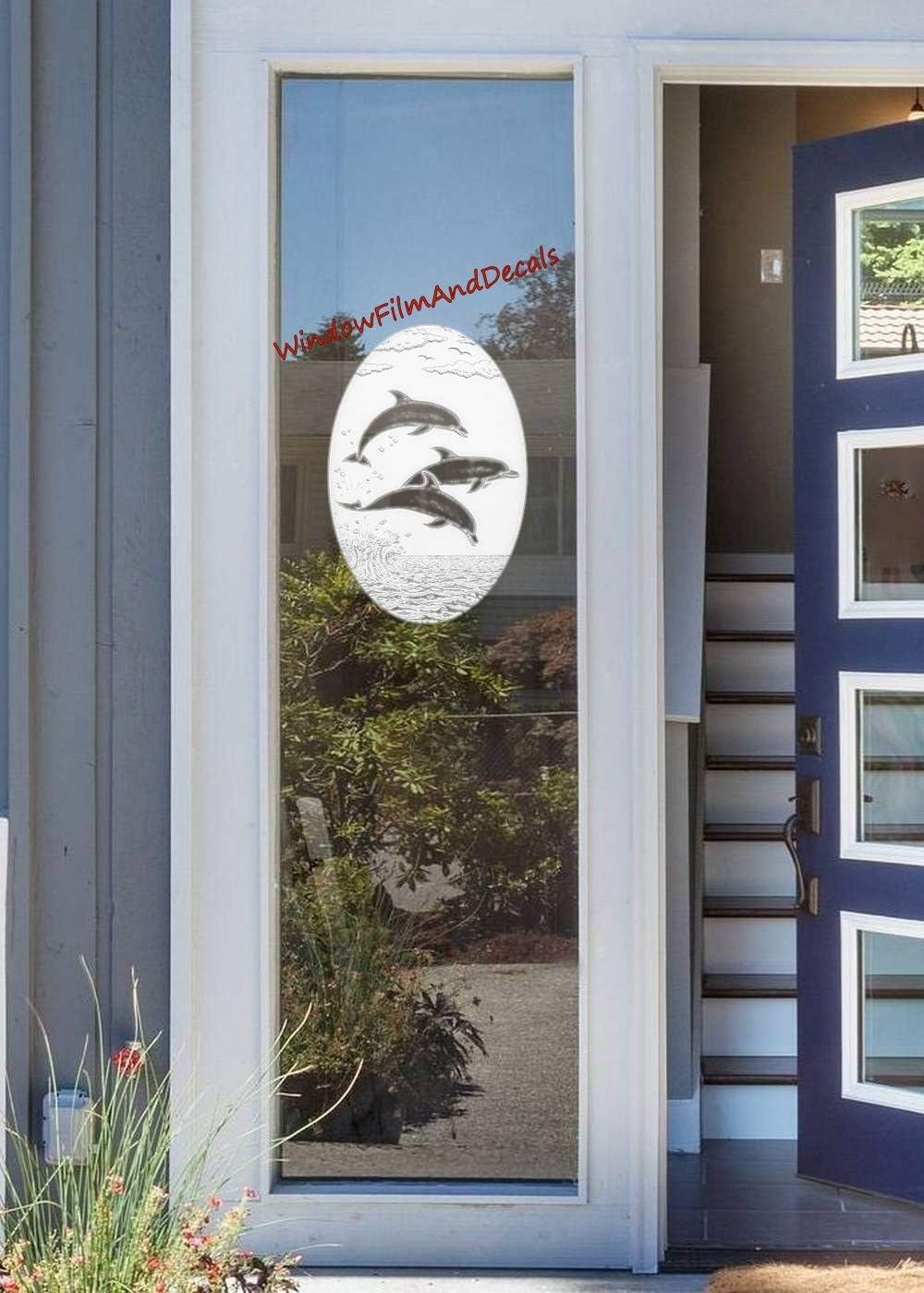 Dolphins Jumping Oval Etched Window Decal Vinyl Glass Cling - 15" x 23" - White with Clear Design Elements