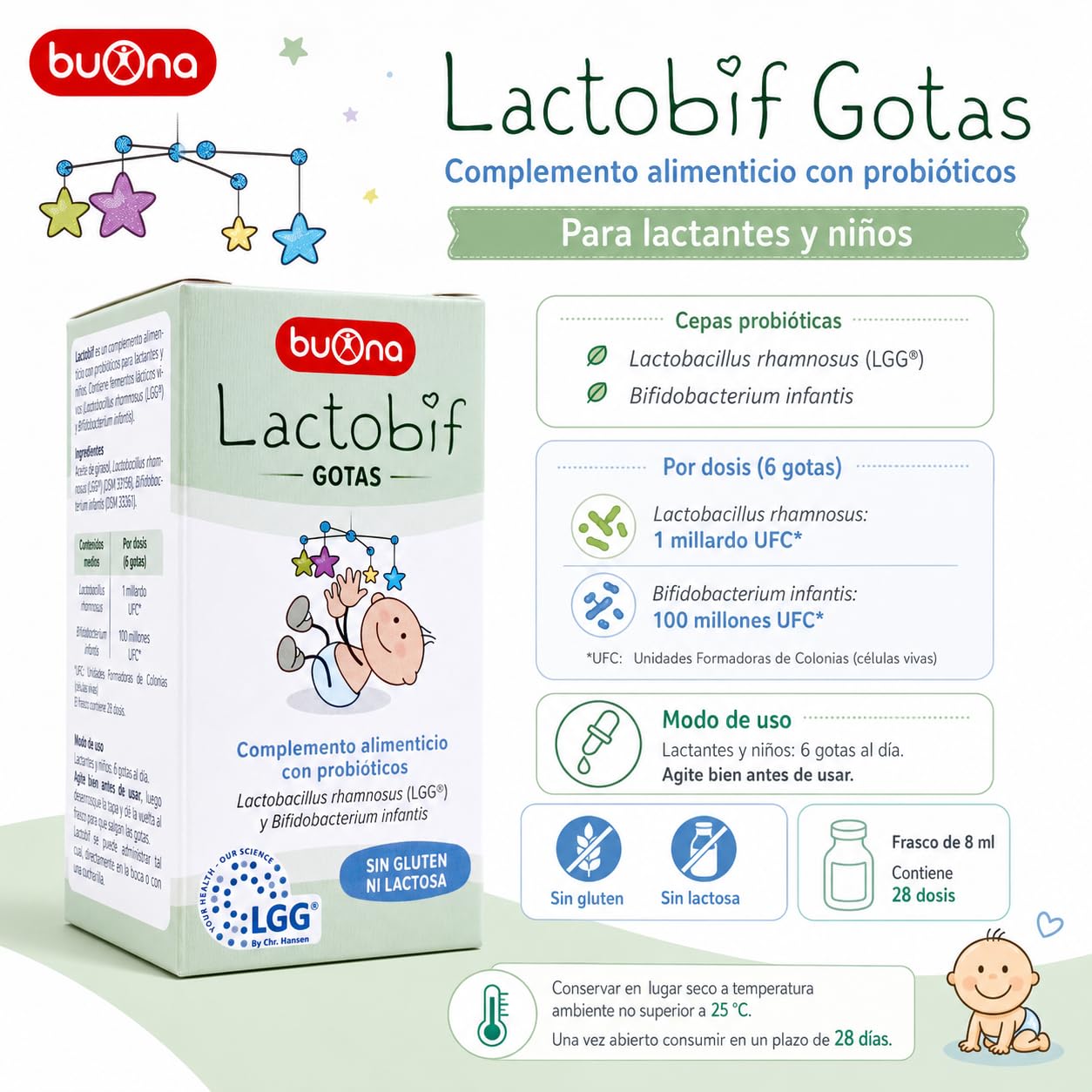 Buona Lactobif Flora Intestinal Gotas 8ml - Probióticos para Bebés y Niños - Equilibrio de la Flora Digestiva - Alivio de Cólicos y Diarrea Infantil - Defensas Naturales