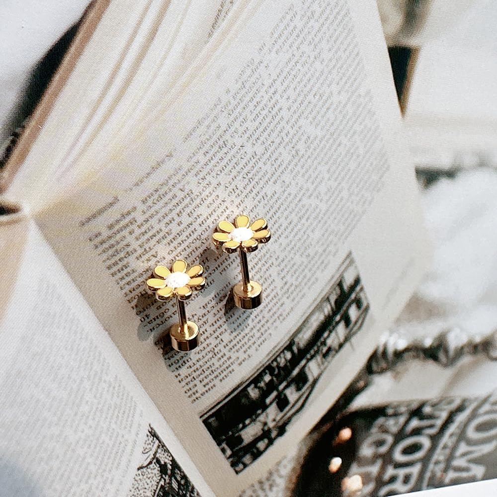 18G Cute Daisy Flower Flat Screw Back Tiny Stud Earrings for Stainless Steel Gold Plated Women Ladies Dainty Enamel Floral Studs Sleeper Tragus Post Hypoallergenic Piercing Fashion Jewelry - Image 3