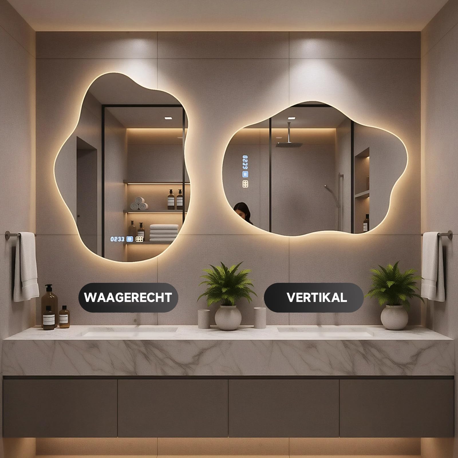 Wandspiegel mit Beleuchtung, 70x50cm LED Badezimmerspiegel, Cloud-Design mit 3-Farben Licht & Zeitdisplay, Anti-Beschlag, Dimmbares Smart Lighting für Wandmontage im Bad