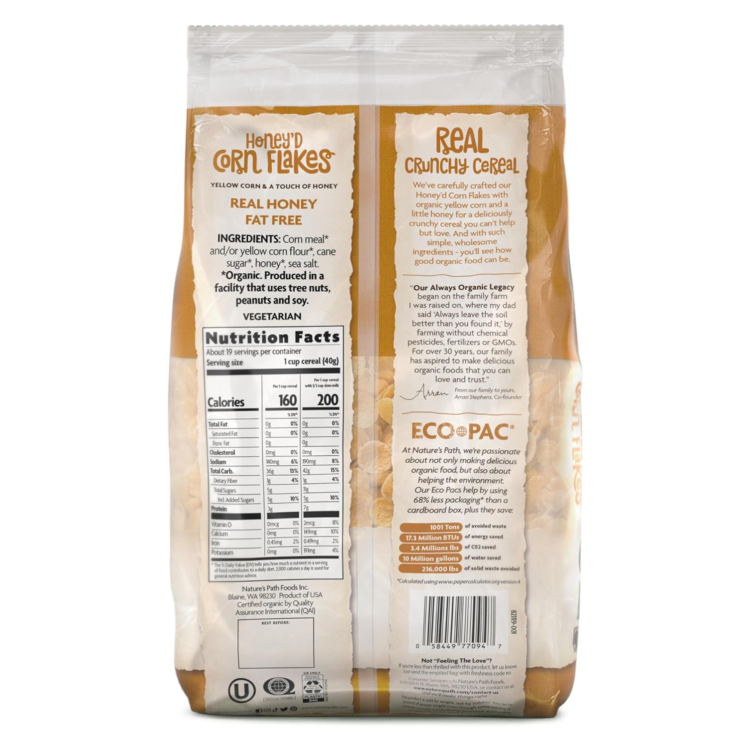 Nature's Path Organic Honey'D Corn Flakes Cereal, 26.4 oz (Pack of 2), Gluten Free, Non-GMO, Earth Friendly Packaging