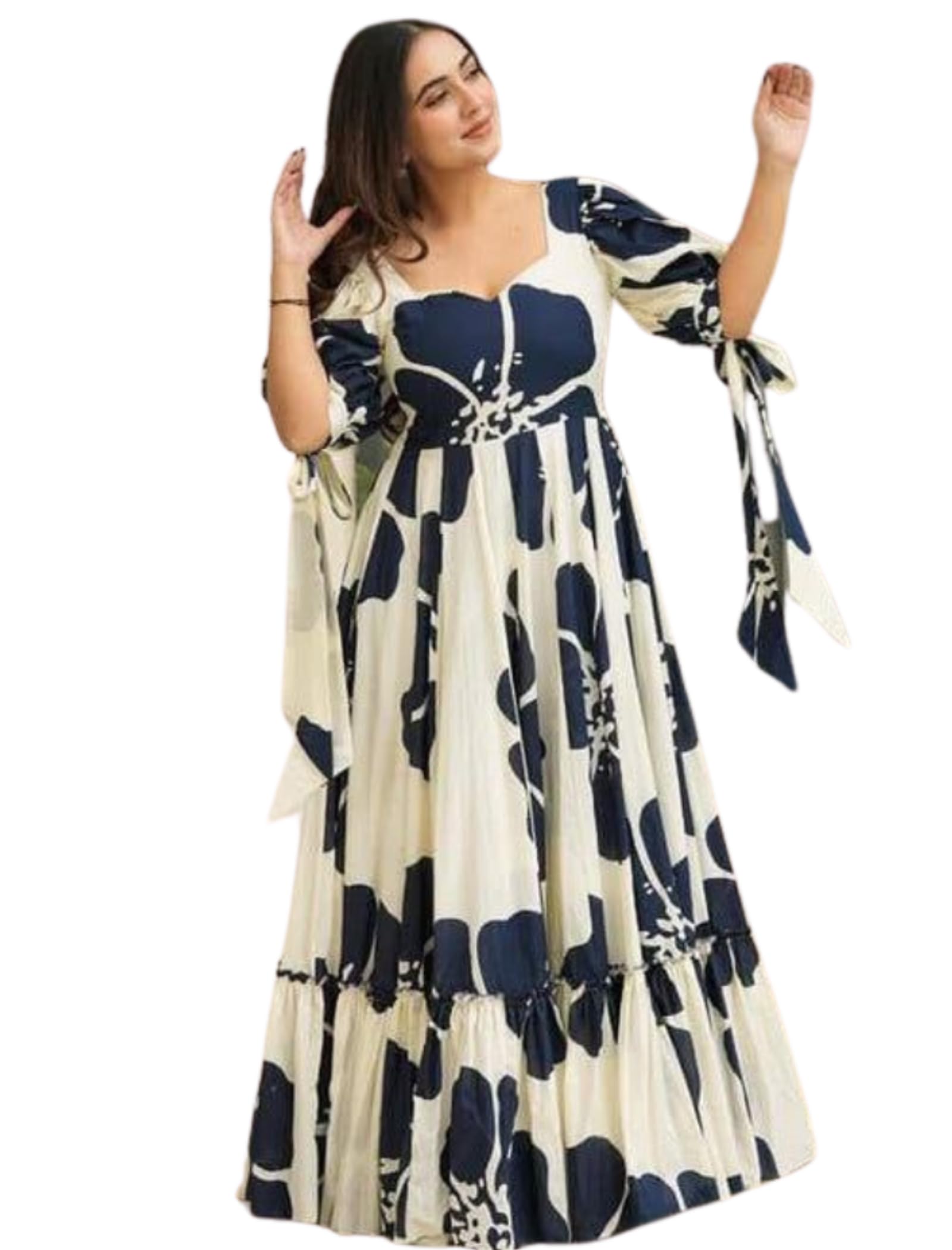 Women's Floral Pattern Rayon Blend Maxi Dress with Sweetheart Neck Half Puff Sleeve Floor Length and Zipper Closure Type | Maxi Dress for Women Stylish | Dress for Women Western-picture-30