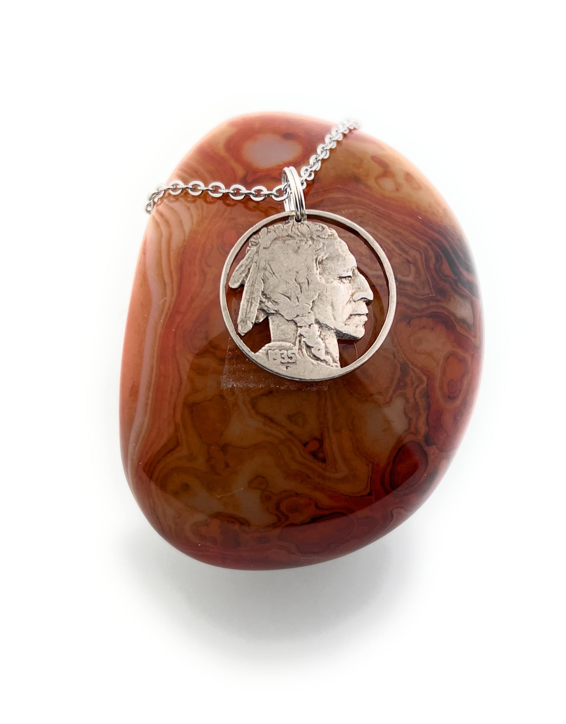 Cut Coin Jewelry StoreIndian Head Buffalo Nickel Cut Coin Necklace Jewelry Bison Five Cent (1935 Indian w/Rim)