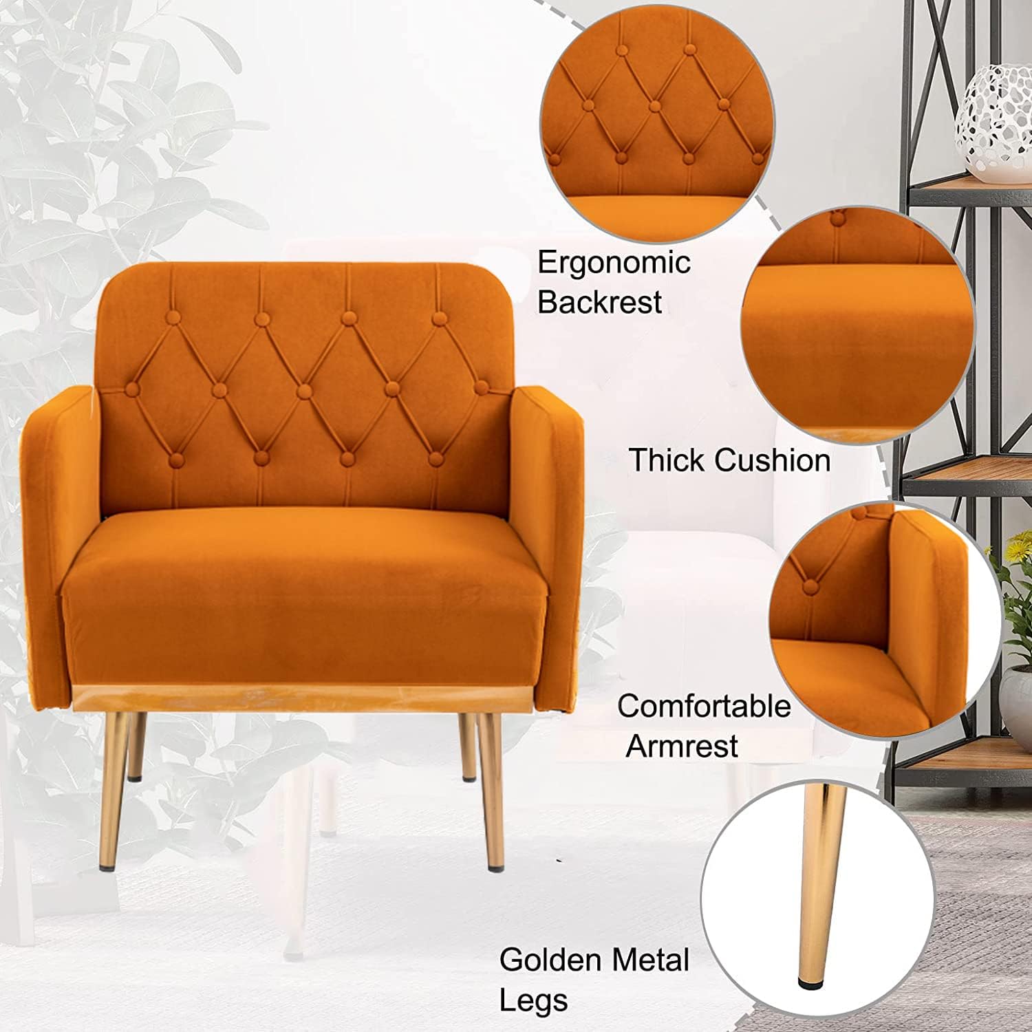 Velvet Tufted Accent Chair Comfort Living Room Lounge Armchair, Upholstered Sofa Chair with Rose Gold Metal Trim, Square Bedroom Chair Perfect for Relaxing for Bedroom Office Decorative