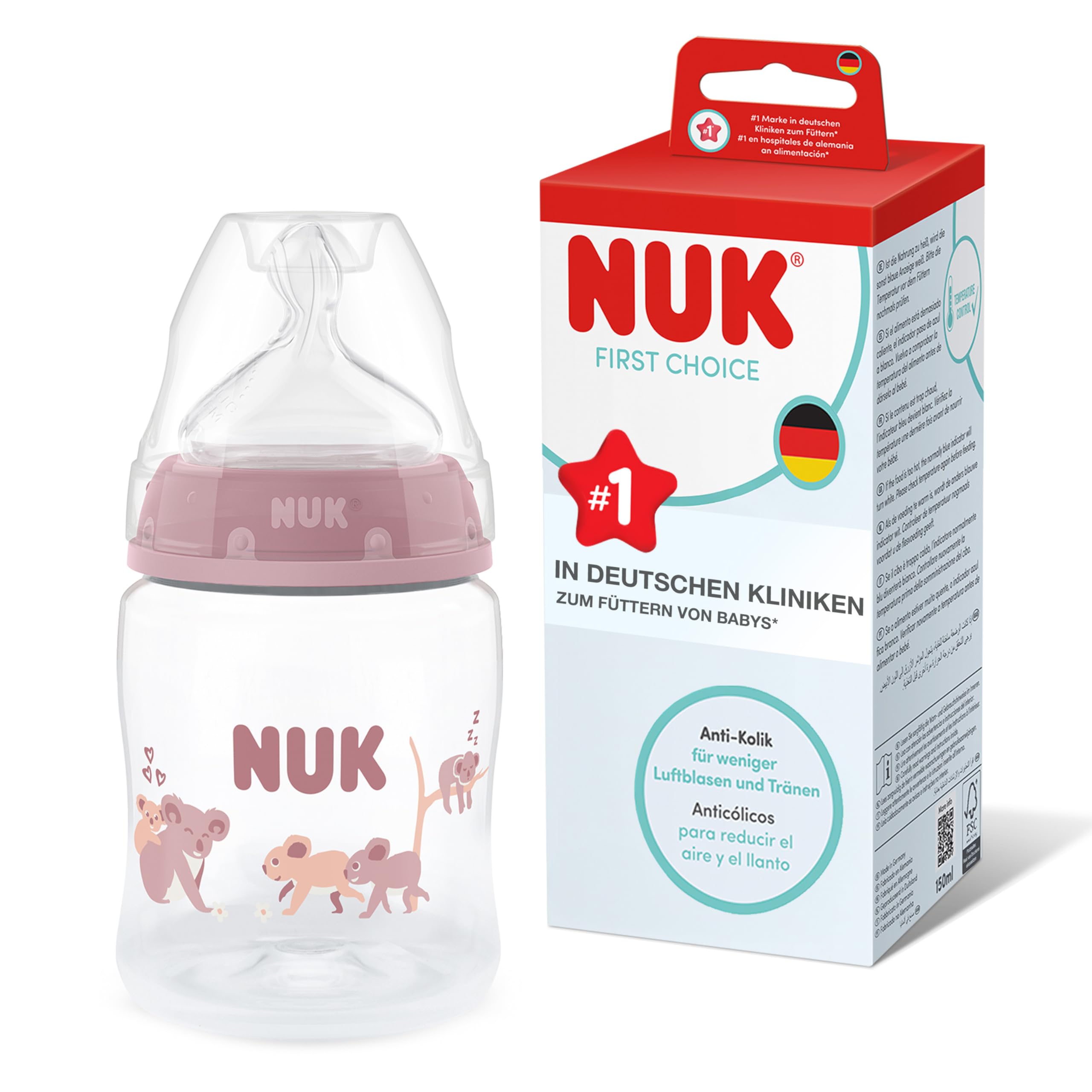 NUK First Choice Babyflasche | 0+ Monate | 150 ml | Anti-Kolik- Neugeborene Babyflasche | PP | Temperature Control Anzeige | Koala | 1 Stück