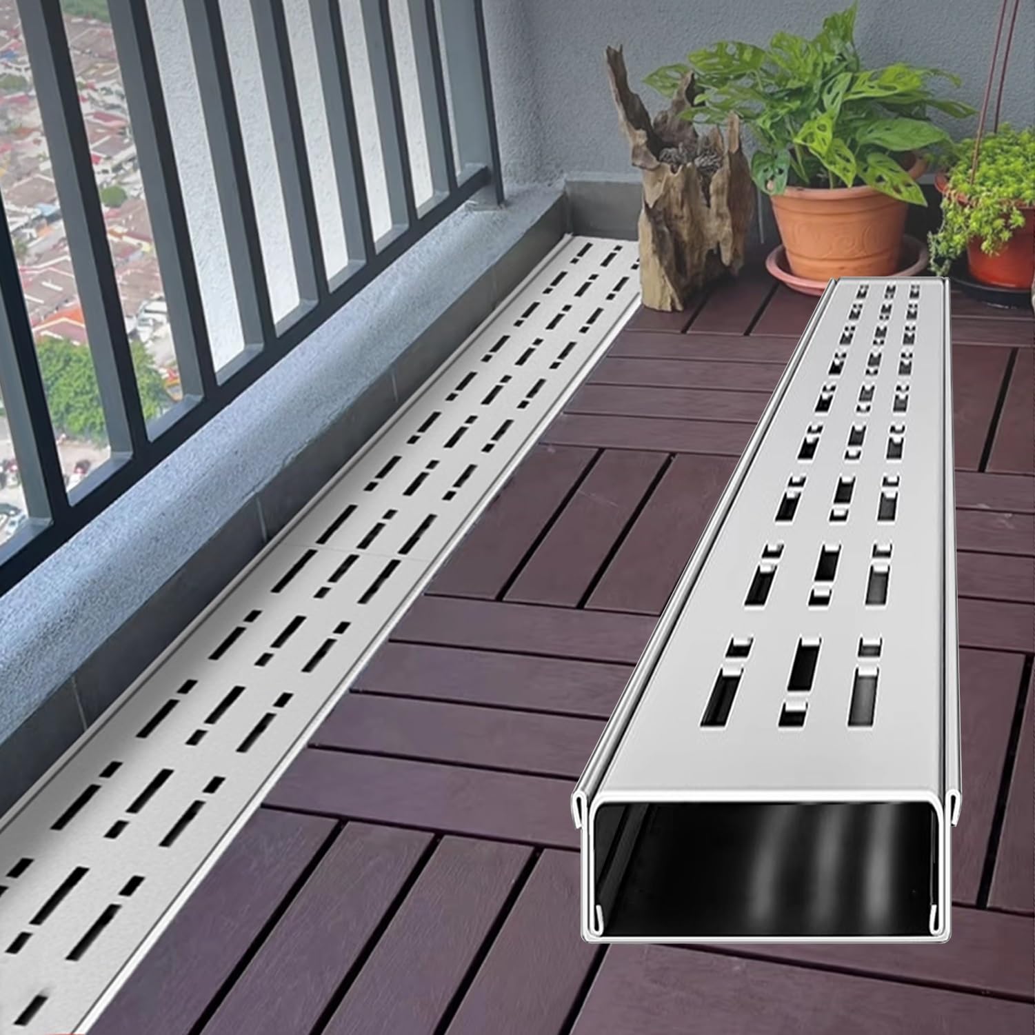 Sistema de drenaje de canal delgado de acero inoxidable con rejillas extraíbles. Perfecto para cubierta de gas y agua. Fácil de instalar.