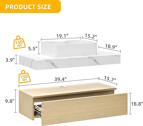 Miniatura 3 de DWVO Mueble de baño con lavabo flotante de 40 pulgadas, armario de tocador de baño montado en la pared con mesa de pizarra, lavabo de cerámica
