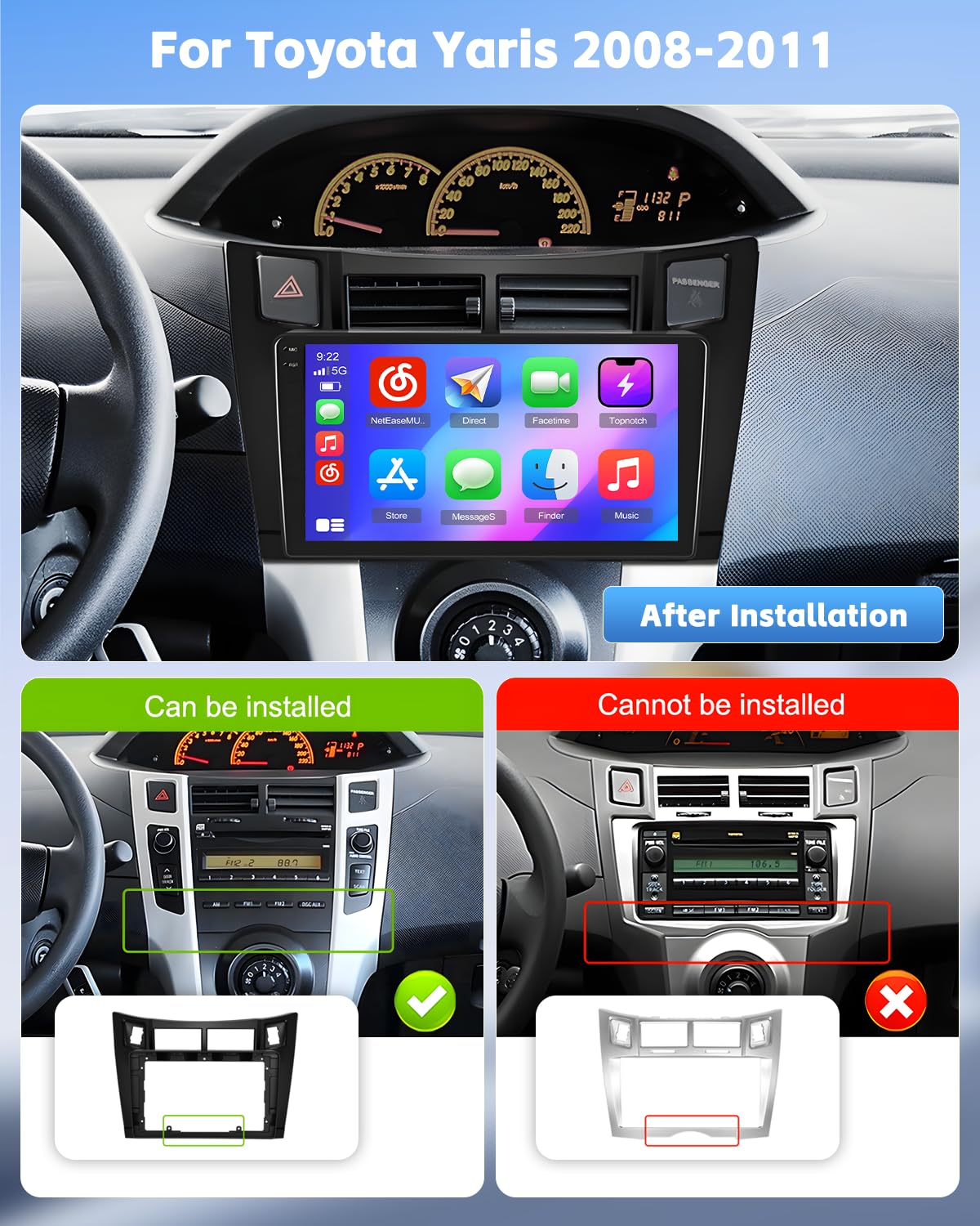 Roinvou 4+64G Android 15 Autoradio für Toyota Yaris 2008-2011 mit Carplay Android Auto, 9 Zoll Auto Radio Incell Touchscreen mit GPS Bluetooth EQ WiFi RDS FM SWC MIC Rückfahrkamera