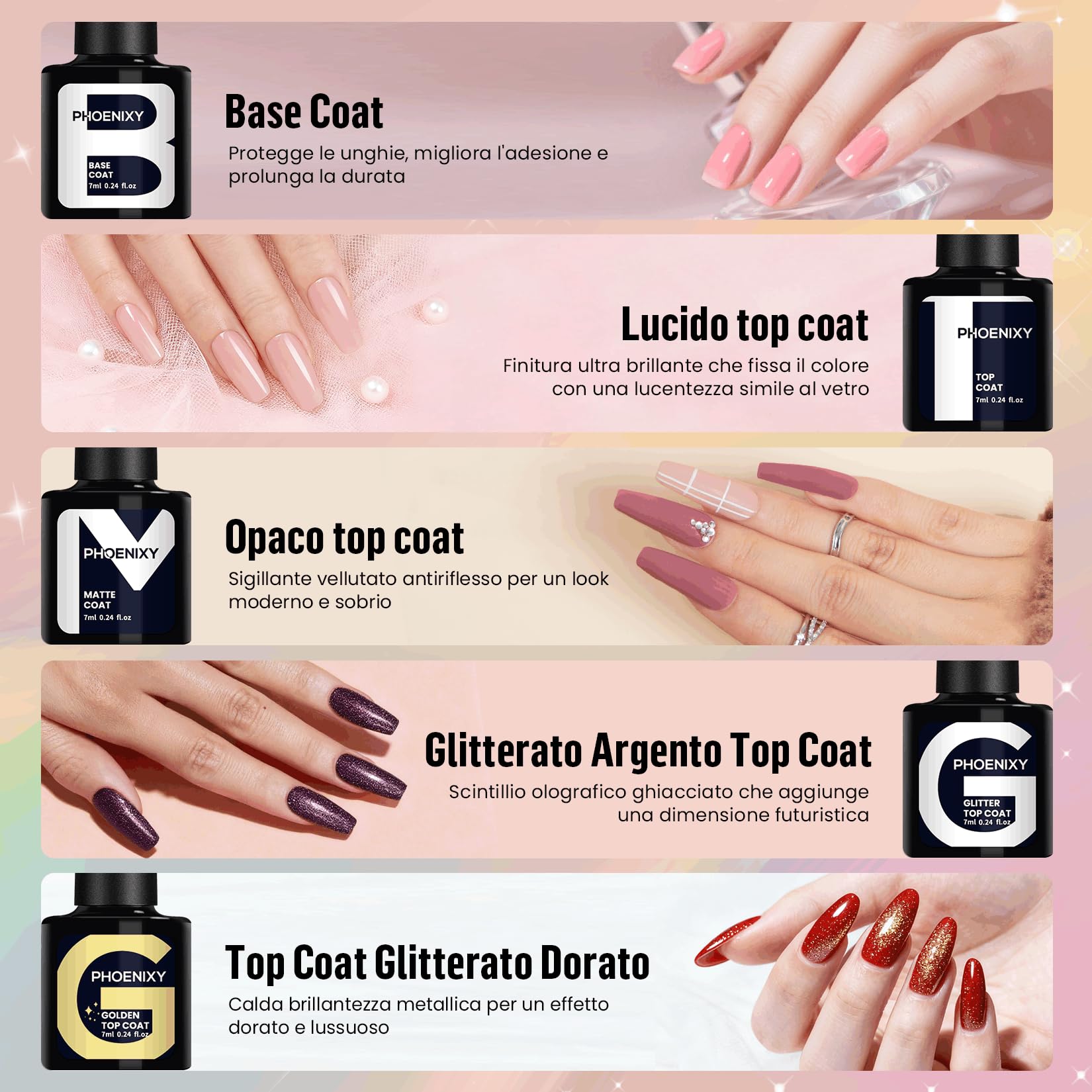 Phoenixy Kit Unghie Gel Completo 25 Colori Kit Semipermanente Unghie con Base Top Coat Semipermanente Unghie U V/LED Lampada Regali Perfetti Rosa Rosso Blu Viola