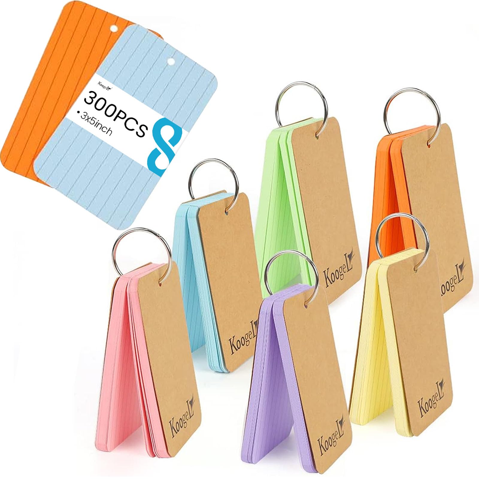 Koogel Index Cards 3x5 Inch with Ring, 300 Count, Colored Ruled Flash Cards for Studying, Heavyweight Lined Notecard for School Office Home Learning Memory Note Taking To Do List Supplies, 6 Colors