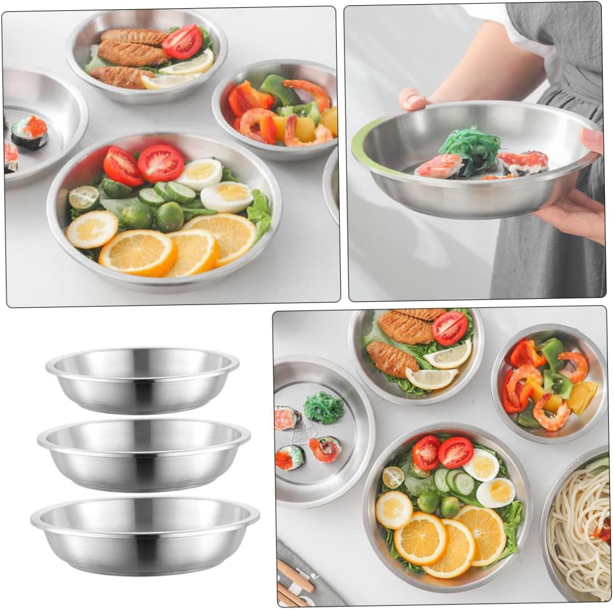 Garneck 3pcs Stainless Steel Round Plate Versatile Camping and Dinner Dish Lightweight Resistant Metal Plates for Outdoor Use and Easy Cleaning