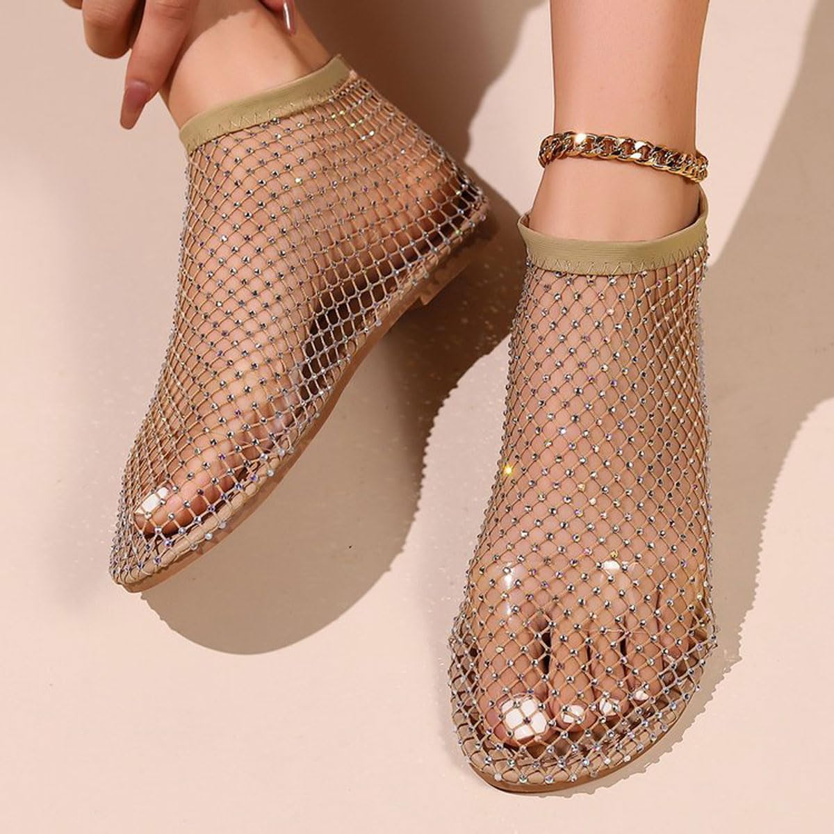 Ultra Comfortable Mesh Flats for Women Fishnet Sandals Low Heel Slip on Rhinestone Shoes