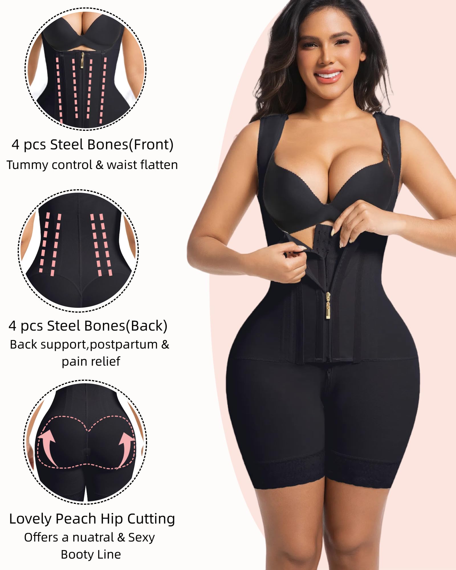 Fajas Colombianas Moldeadoras Shapewear gainant Faja Body Shaper Postpartum Fesses Lifter avec fermeture éclair à l'entrejambe, noir, X-Large