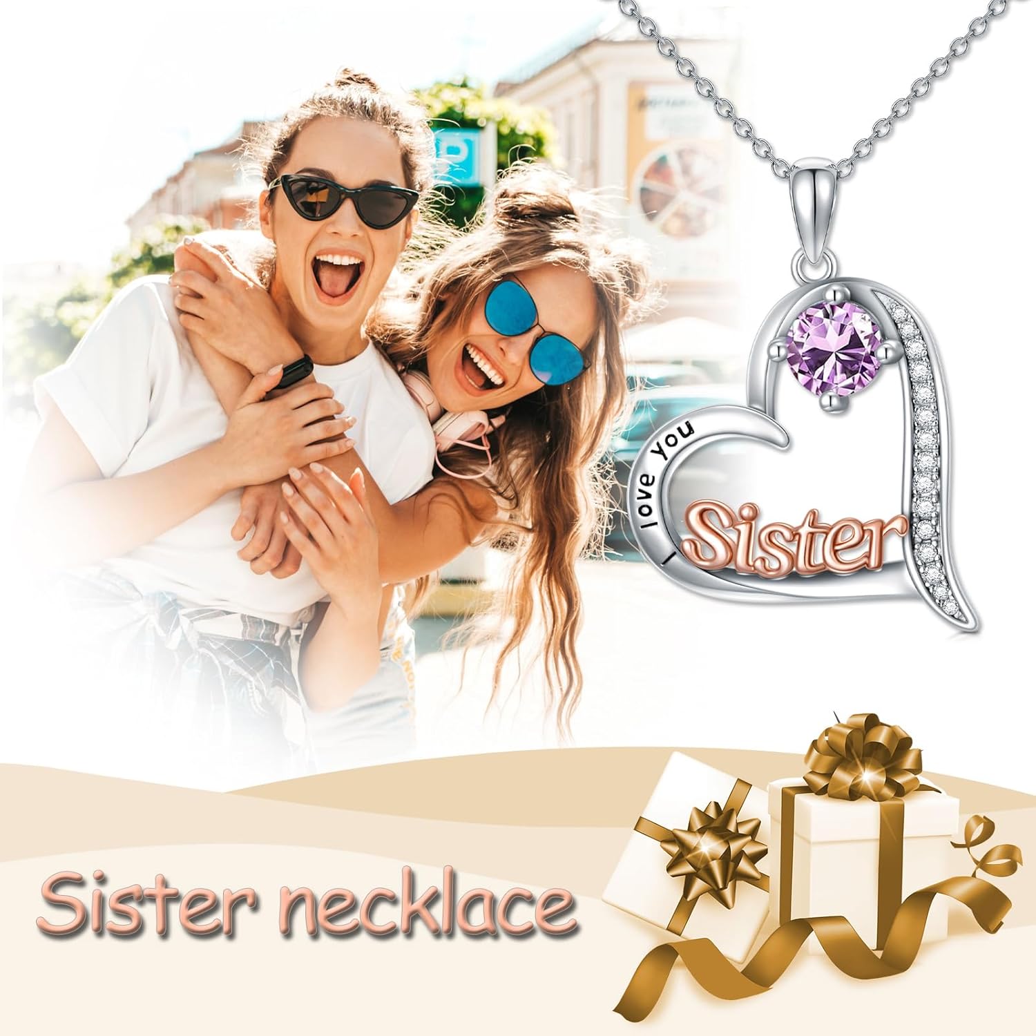 Sister Gifts from Sisters Birthstone Necklace 925 Sterling Silver Heart Sister Jewelry Valentines Day Birthday Gifts for Women Best Friend - Image 3