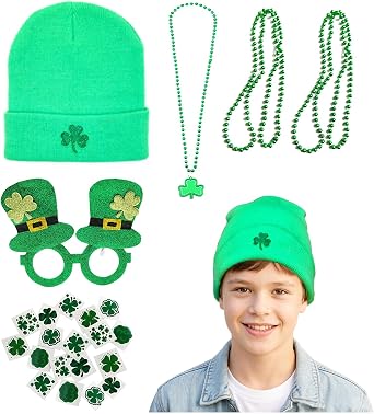 St Patricks Day Accessories Set -Shamrock Beanie,Glasses,Beads&Tattoos
