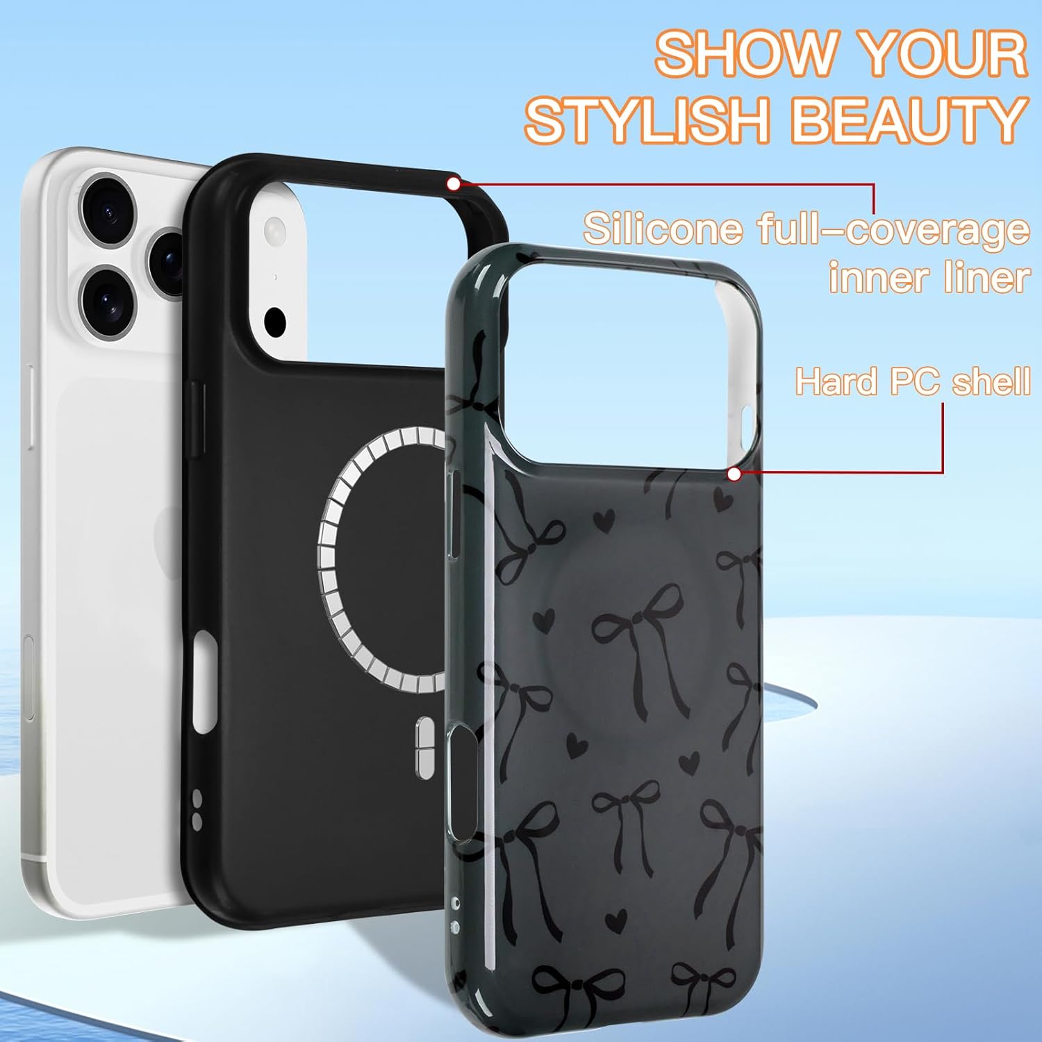 KANGHAR Case for iPhone 17 Pro Compatible with Magsafe Cute Black Bows and Hearts Scratch Resistant Hybrid 2-Layer Hard Protective Phone Cover for Girl Women Boy Men 6.3 Inch
