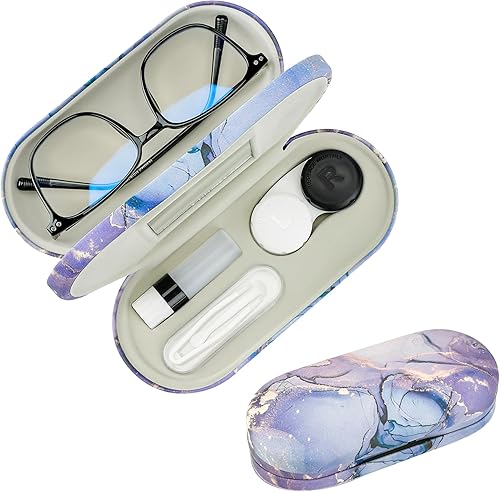 Estuche 2 en 1 para lentes de contacto y lentes, diseño de doble cara de doble uso con espejo, pinzas y botella de solución para lentes de contacto,
