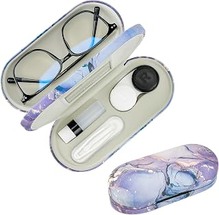 2 in 1 Contact Lens and Glasses Case,Double Sided Dual Use Design with Mirror, Tweezer and Contact Lens Solution Bottle,Portable Soak Storage Kit for Travel,Office(Purple Marble)