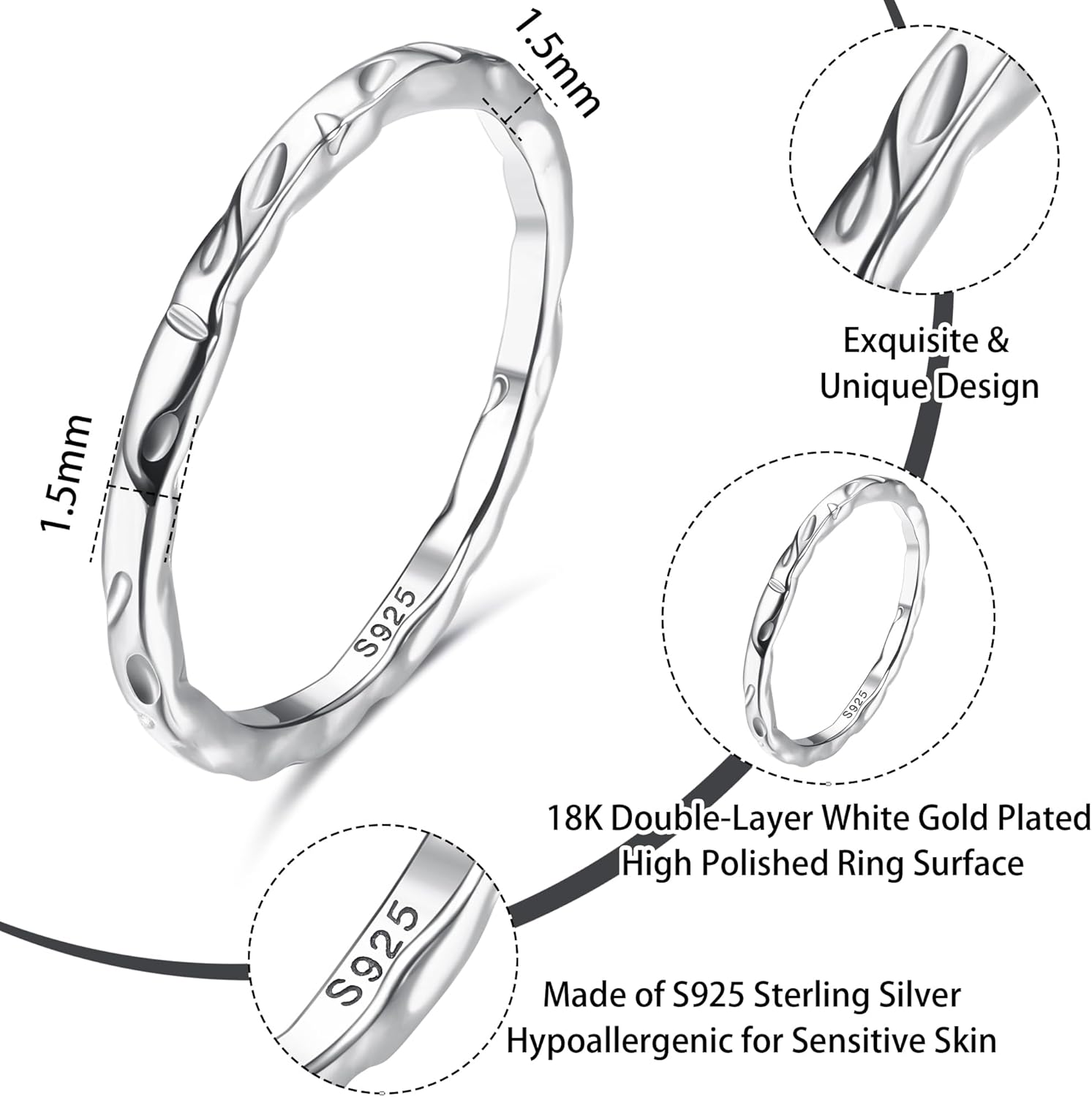 MILACOLATO S925 Sterling Silver Ring for Women Men 18K White Gold Plated Thin Plain Stackable Statement Thumb Rings High Polished Hammered Band Rings Comfort Fit Size 6 to 11, 1.5mm - Image 7