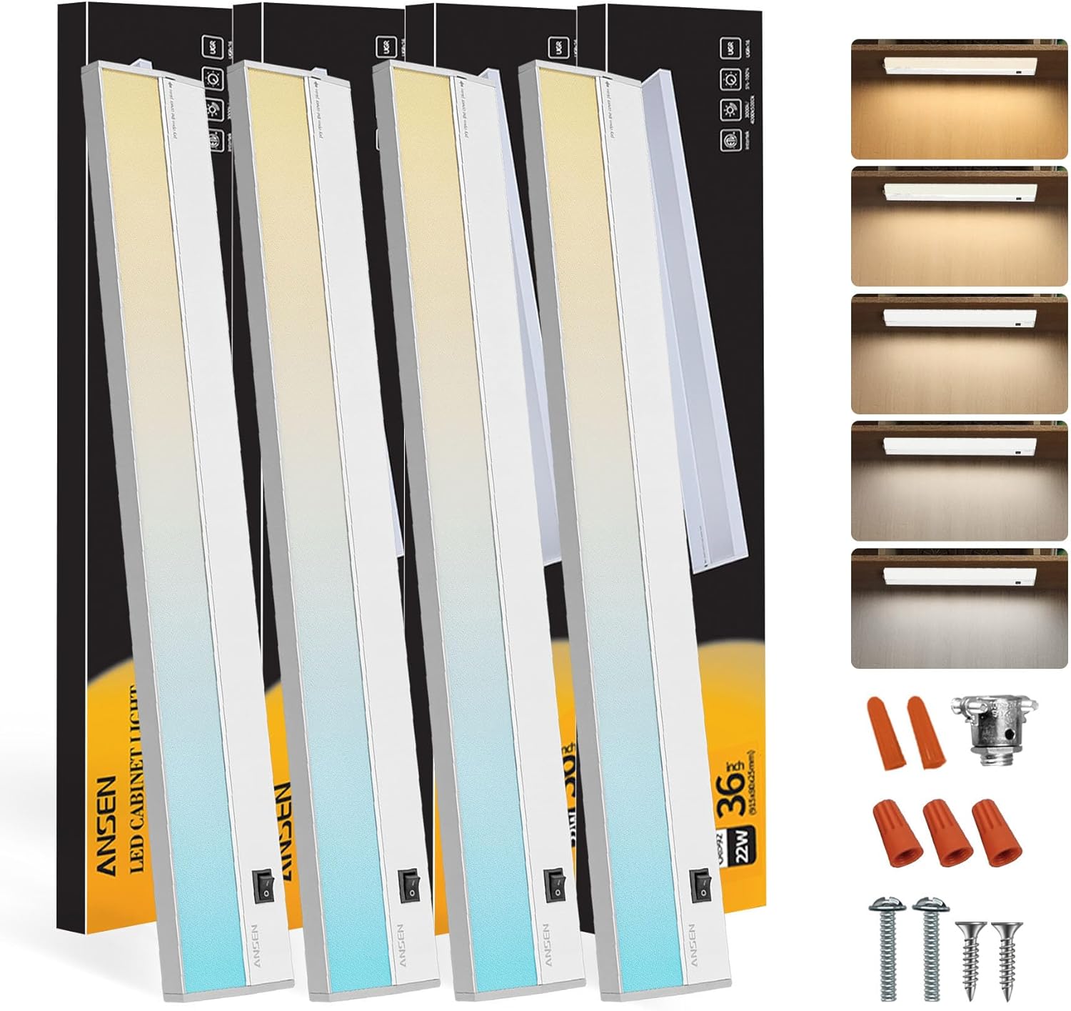 Ansen 4Packs of Under Cabinet Lighting Hardwired, 24IN 18W 1237LM, Dimmable Led Light for Kitchen/Bar/Closet, CRI>92, R9>90, 5 Color Temperature, 2700K-5000K(Warm White, Cool White, Daylight)